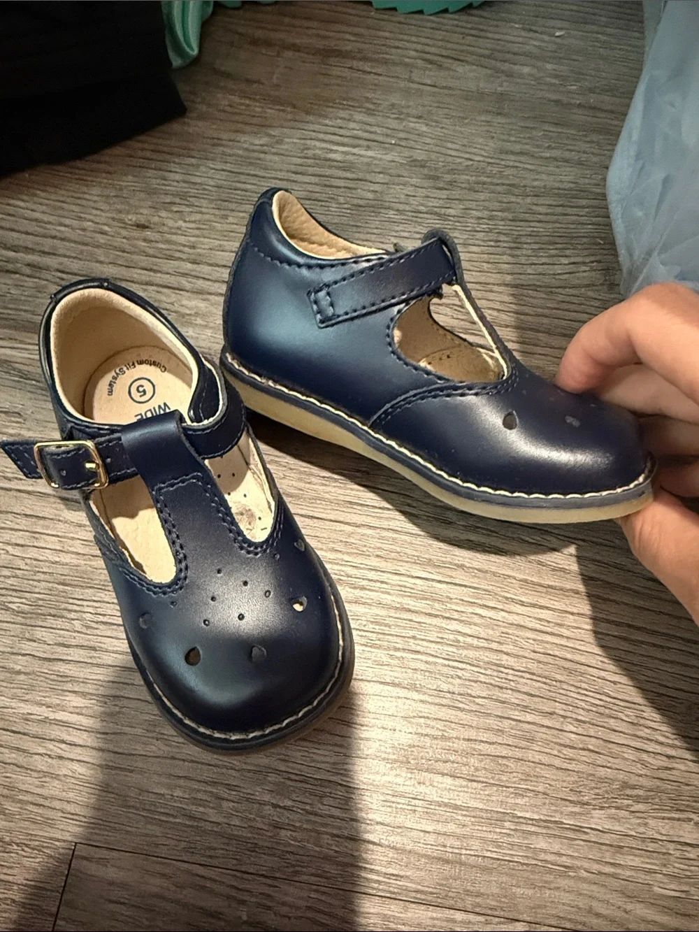 FootMates Navy T-Strap Kids Dress Shoes with Gold Buckle